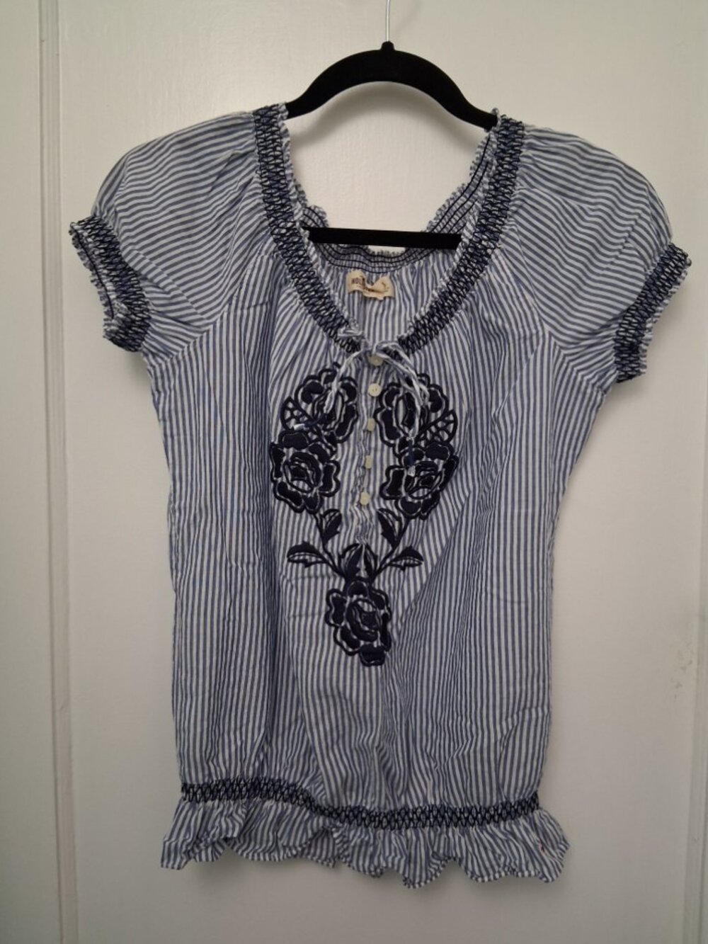 Women's Hollister Blue and White Stripe Smocked Top